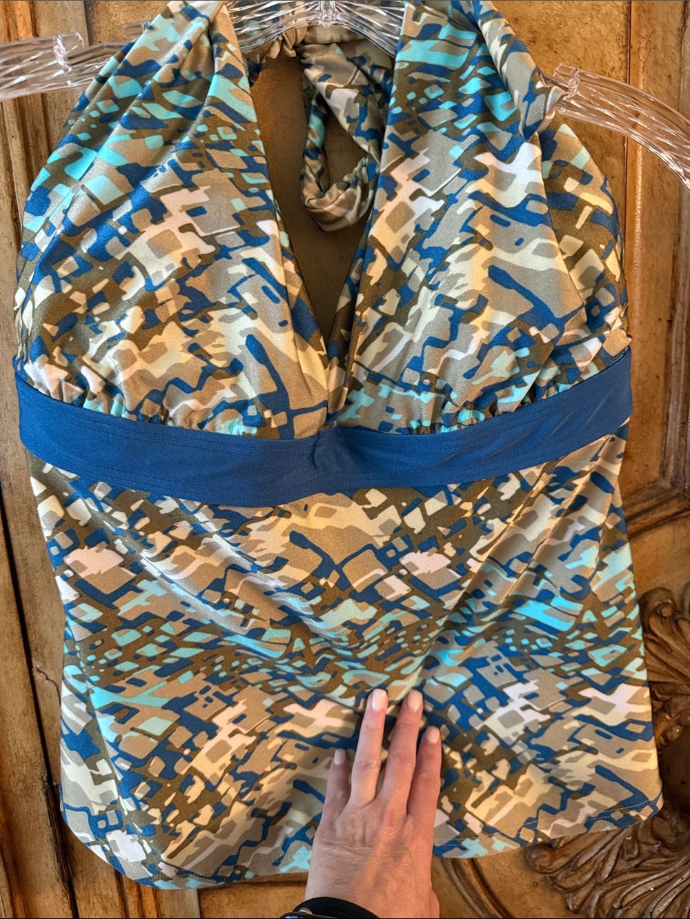 Women’s Camo Halter One-Piece Swimsuit in Blue and Tan